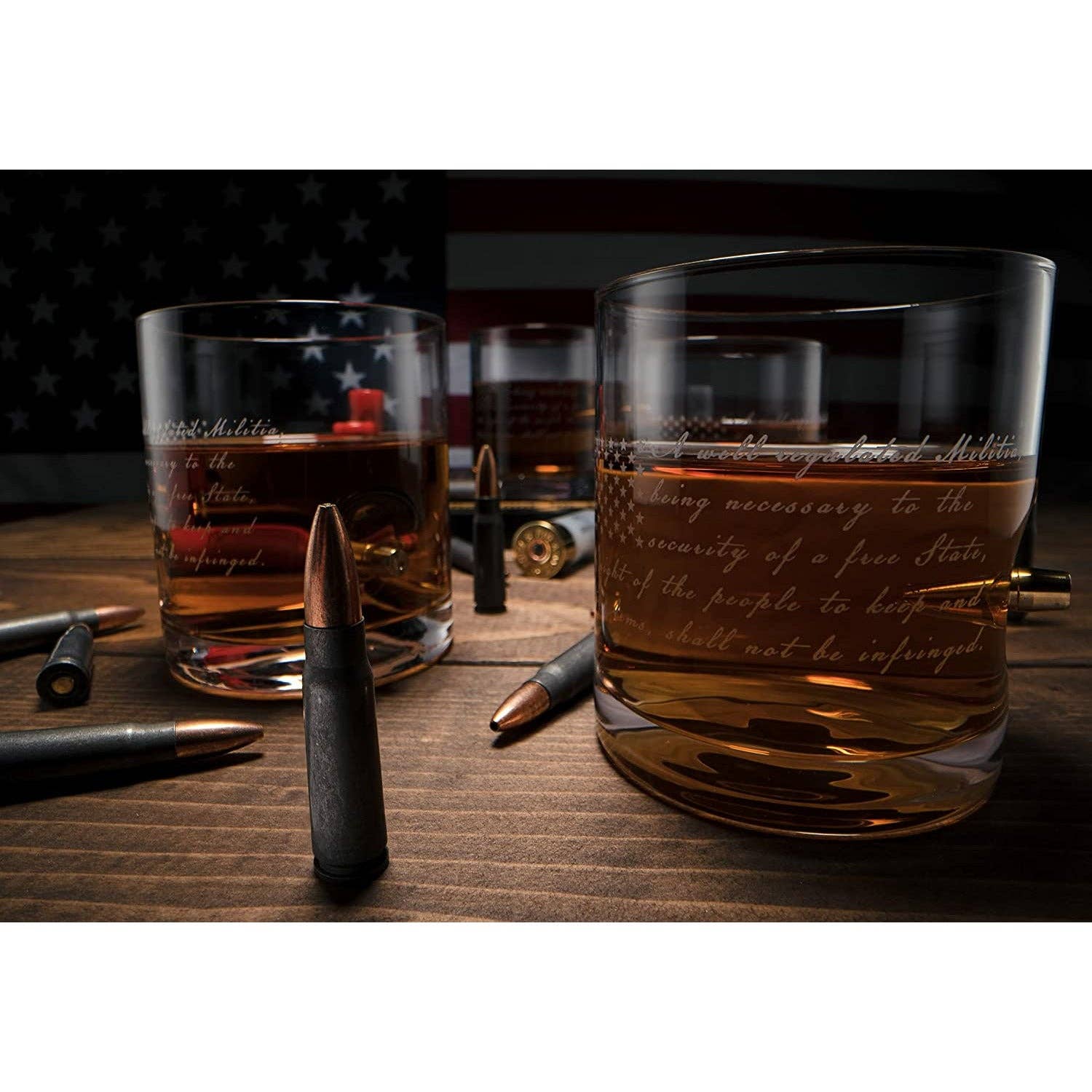 2nd Amendment Whiskey Glasses With Bullet and Flag Base Set - Image 6