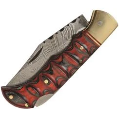 Grooved Lockback Damascus Steel Pocket Knife - Red - Image 3